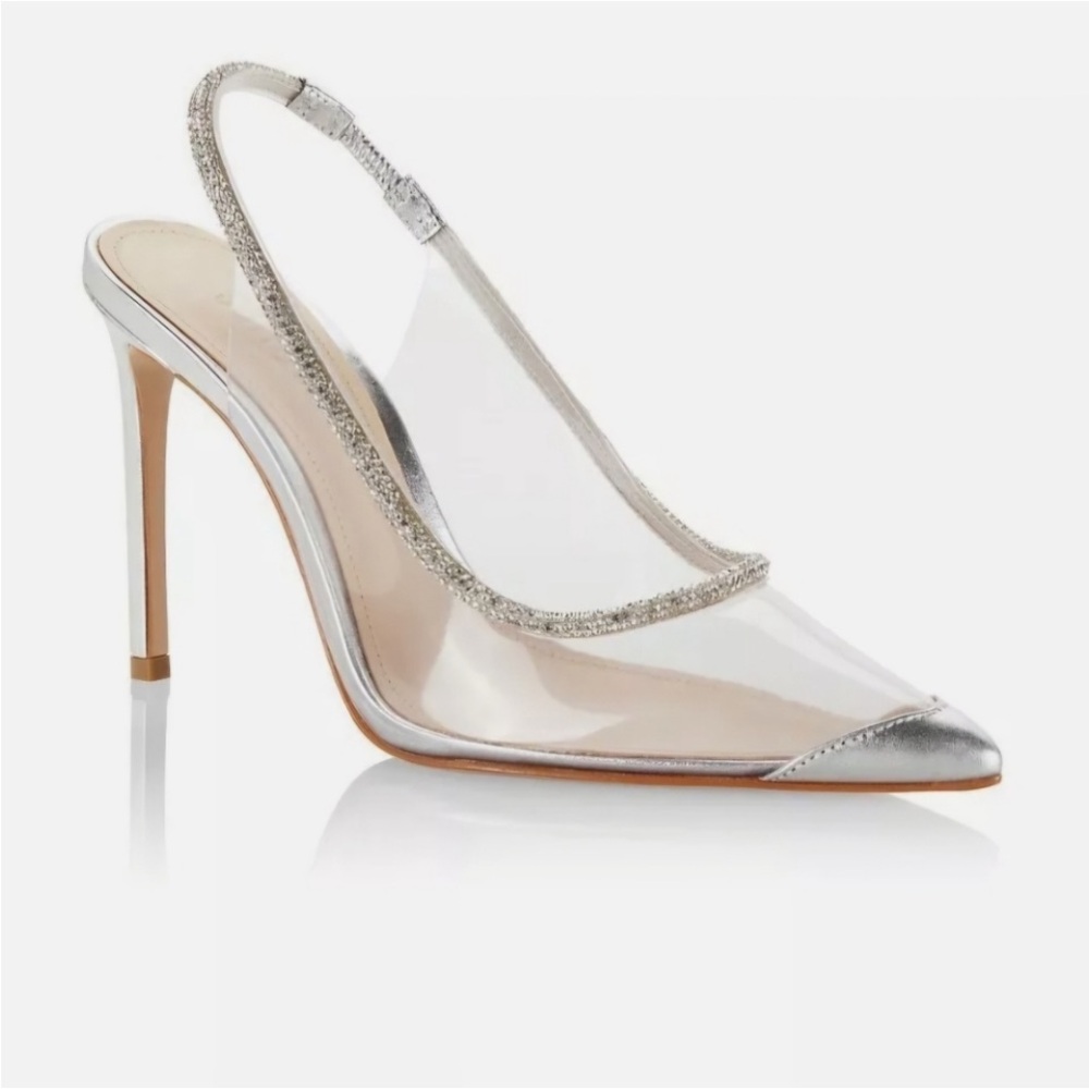 SCHUTZ AUDREY SLINGBACK POINTED TOE SILVER CLEAR RHINESTONE LIKE NEW PUMPS 5.5